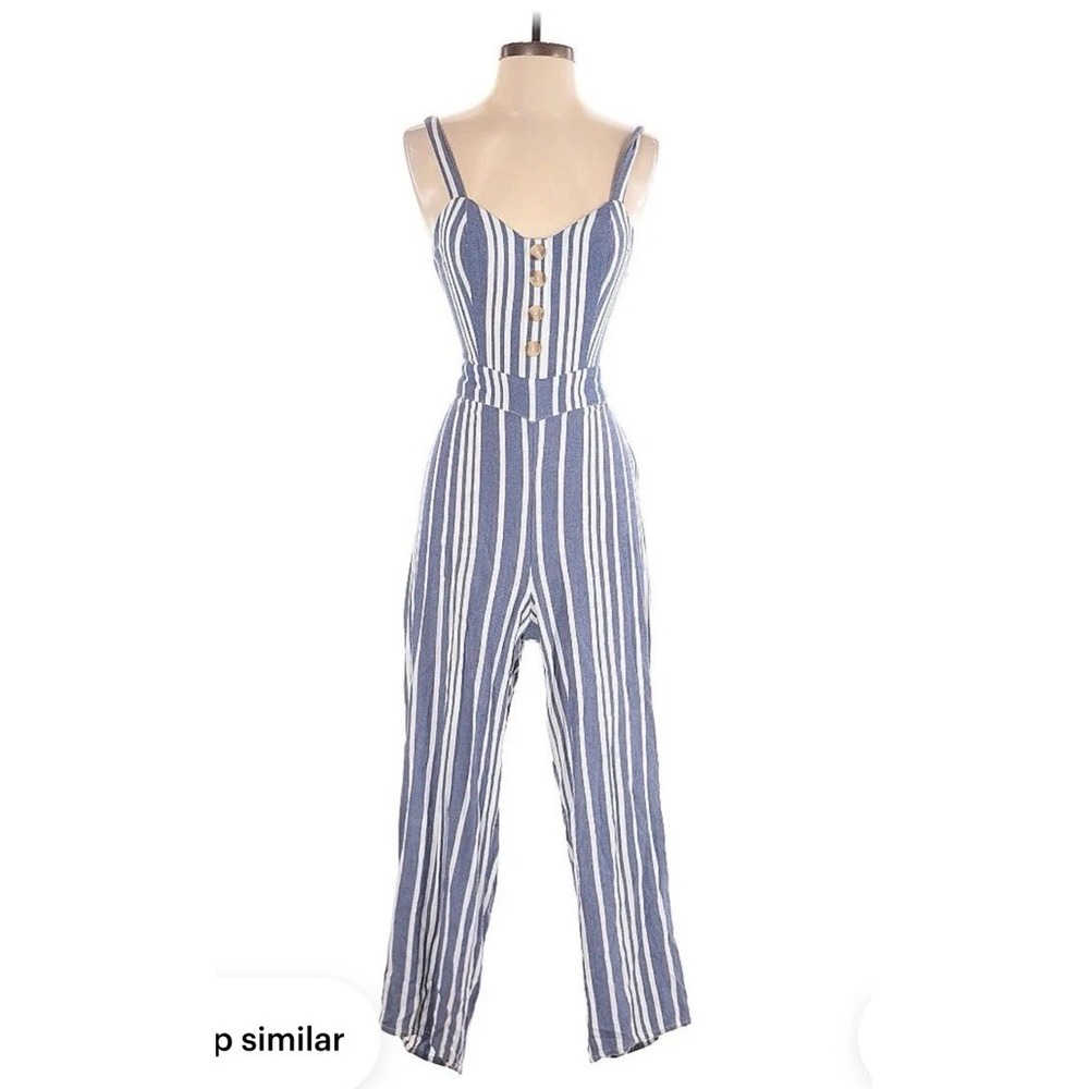 NWT Express Jumpsuit‎ XL Striped  Tie Back Buttons Casual Square Neck